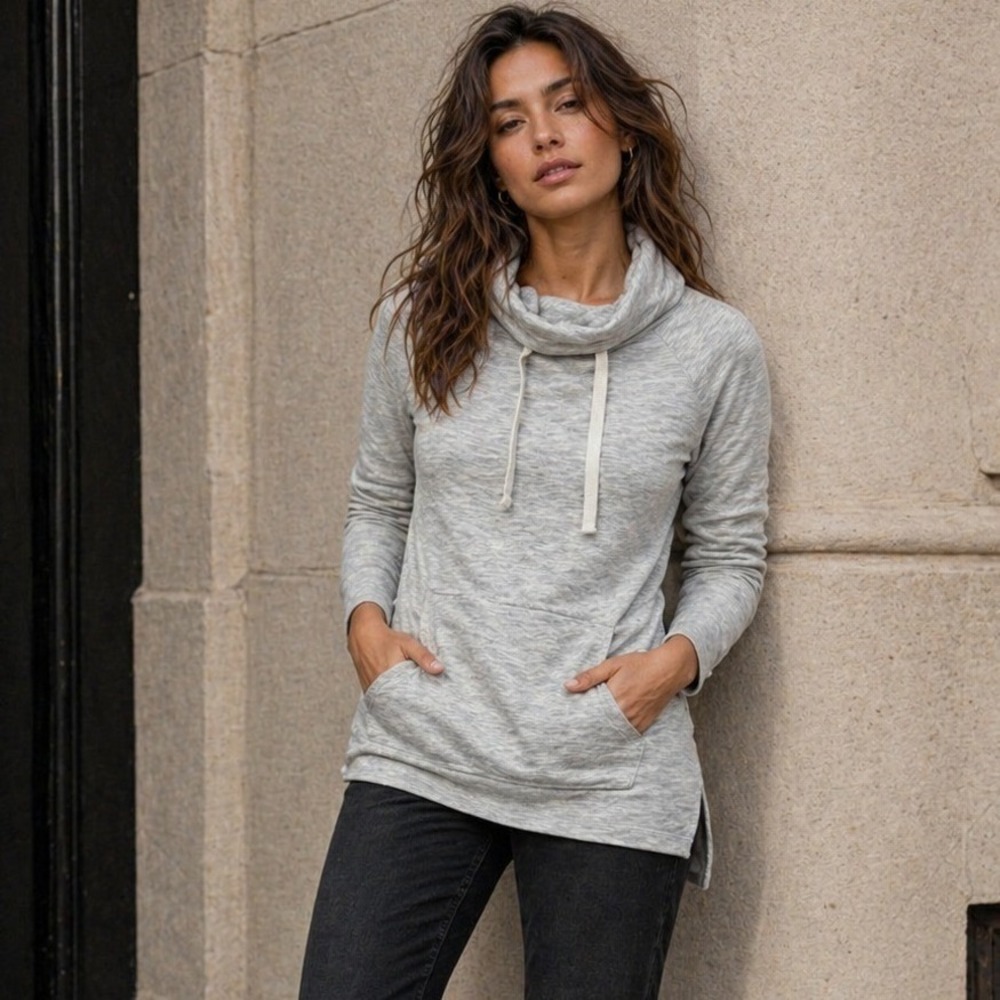 Thread and Supply Pullover Womens XS Gray Cowl Neck Fleece Kangaroo Pocket